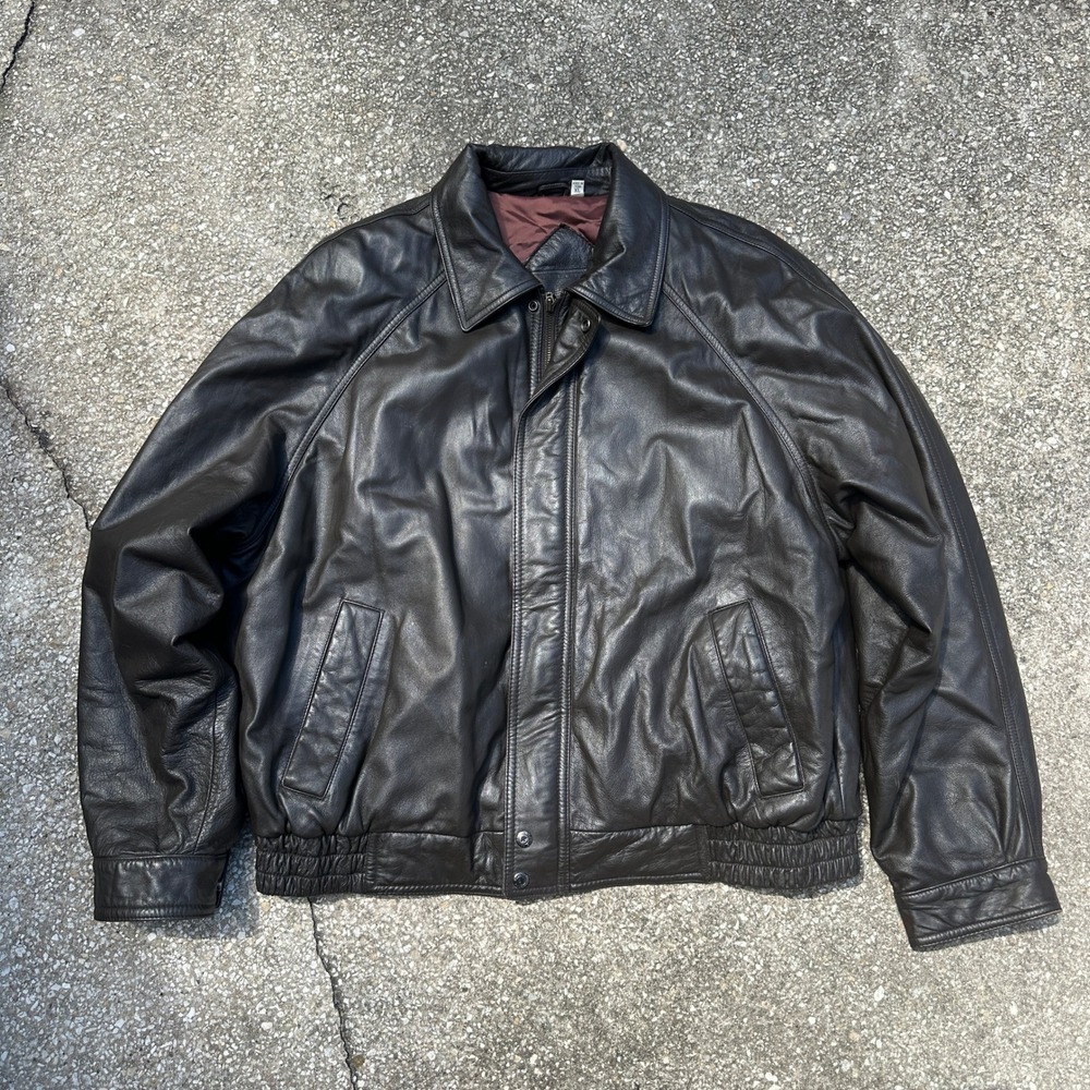 Vintage 90s Roundtree & Yorke Mens Dark Brown Genuine Leather Bomber Jacket XL